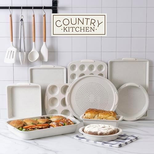 Country Kitchen Nonstick Stackable Bakeware Set - Durable, Easy Release Baking Set, Cream, 14 Pcs