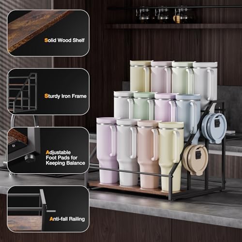 3-Tier Stanley Cup Rack with Lid Organizer, for 12 Tumblers, Natural Wood