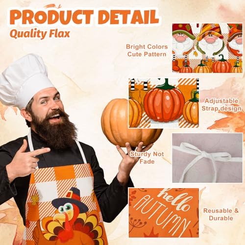 Whaline 4Pcs Fall Aprons Maple Leaves Gnome Turkey Jackstraw Pattern Adjustable Kitchen Cooking Aprons Orange Autumn Washable Apron for Dinner Baking Grilling Thanksgiving Party Supplies