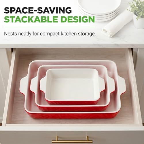 NutriChef 3-Piece Ceramic Casserole Dish for Oven - Premium Lasagna Baking Pans w/ Nonstick Coating & Built-In Handles - Dishwasher & Microwave Safe - 14" x 8", 10" x 6", 7" x 5" - Red