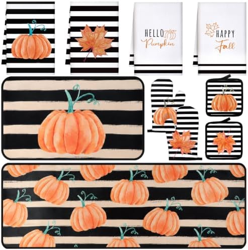 Fanfanwin 10 Pcs Fall Pumpkin Kitchen Decor Set Kitchen Towels Pot Holders Oven Mitts and Rugs Set Thanksgiving Towels for Baking Cooking BBQ Autumn Home(Stripe Pumpkins,Black, White, Orange,10)