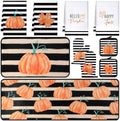 Fanfanwin 10 Pcs Fall Pumpkin Kitchen Decor Set Kitchen Towels Pot Holders Oven Mitts and Rugs Set Thanksgiving Towels for Baking Cooking BBQ Autumn Home(Stripe Pumpkins,Black, White, Orange,10)