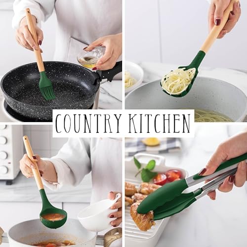Country Kitchen Non Stick Silicone Utensil Set with Rounded Wood Handles for Cooking and Baking, 38 Piece Set, Green