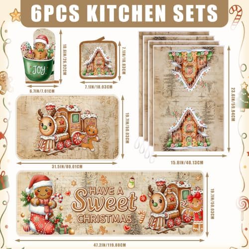 Fanfanwin 10 Pcs Christmas Gingerbread Man Kitchen Decor and Accessories Set Kitchen Towels Pot Holders Oven Mitts and Rugs for Baking Cooking BBQ Mom Housewarming Gifts