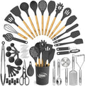 Kaluns 50 PCS Silicone Kitchen Utensils Set Complete Kitchen Set - 800°F Heat Resistant Non-Stick Premium Silicone Cooking Utensils W Wooden Handles - Can Opener, Masher, Turner, Silicone Spatula Set