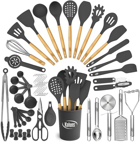 Kaluns 50 PCS Silicone Kitchen Utensils Set Complete Kitchen Set - 800°F Heat Resistant Non-Stick Premium Silicone Cooking Utensils W Wooden Handles - Can Opener, Masher, Turner, Silicone Spatula Set