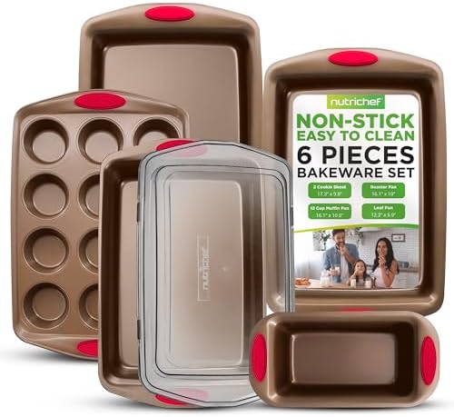 NutriChef 6-Piece Baking Pan Set - PFOA, PFOS, PTFE Free Flexible Nonstick Golden Coating Carbon Steel Bakeware - Professional Home Kitchen Bake Cookie Sheet Stackable Tray w/Red Silicone Handles