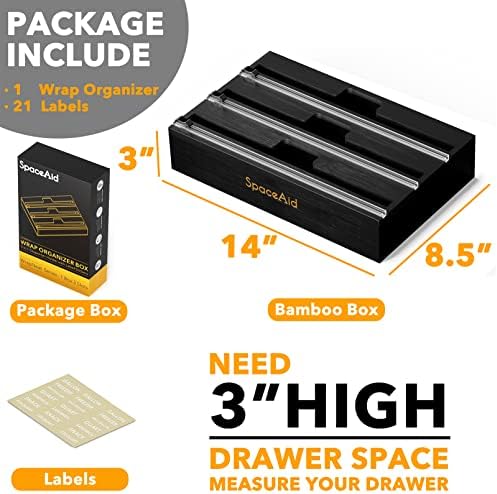 SpaceAid WrapNeat 3 in 1 Wrap Organizer with Cutter and Labels, Plastic Wrap, Aluminum Foil and Wax Bamboo Dispenser for Kitchen Storage Organization Holder for 12" Roll (Black)