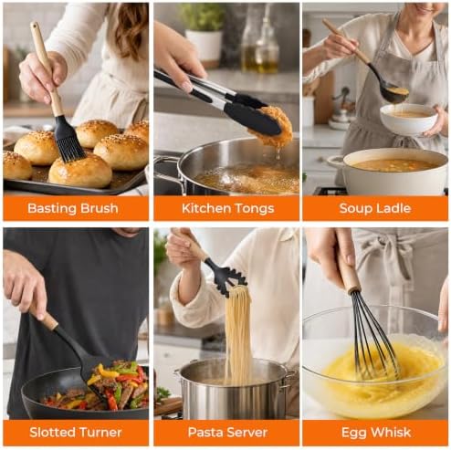 33 Pcs Silicone Kitchen Cooking Utensils Set, Wood Handle & Holder