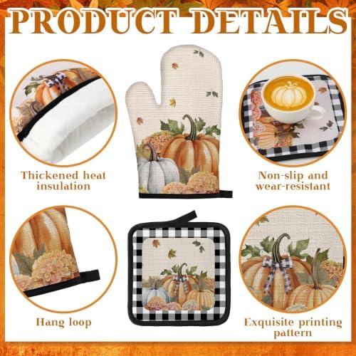 Fanfanwin 10 Pcs Fall Pumpkin Kitchen Decor Set Kitchen Towels Pot Holders Oven Mitts and Rugs Set Thanksgiving Towels for Baking Cooking BBQ Autumn Home(Vintage,Beige, Orange,10)