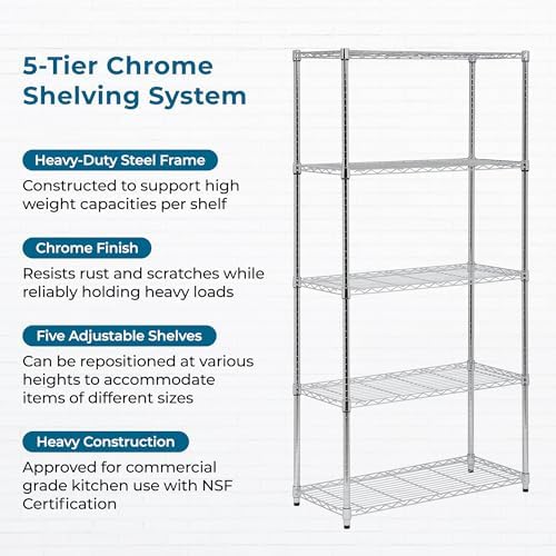 Honey-Can-Do 5-Tier Rolling Chrome Wire Shelf, NSF, 350 lb/Shelf, 36x18x72