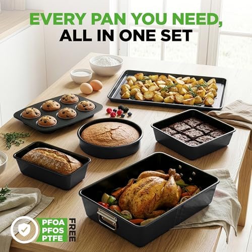 NutriChef 8-Piece Stackable Nonstick Bakeware Set - Premium Steel Baking Pans Set - Includes Round Cake Pan, 6-Cup Muffin Pans, Wide/Square Brownie & Loaf Pans, Cookie Sheet, & Roaster Pan (Black)