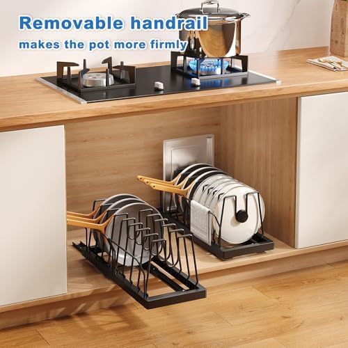 Mustorn Pots and Pans Organizer Under Cabinet, 21.6" Deep Pull Out Pot Lid Organizer Holder with Guardrail Adhesive Pot and Pan Holder Rack with 10 Adjustable Dividers-1 Pack(Black)
