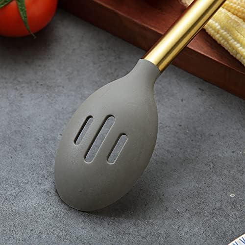 Berglander Non-stick Silicone Slotted Spoon, Titanium Gold Plated Handle, Basting Spoon, Dishwasher Safe, Easy to Clean