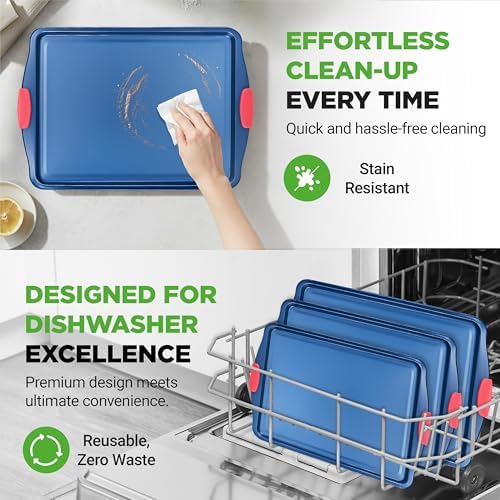 NutriChef 3-Piece Nonstick Cookie Sheets for Baking - Premium Carbon Steel Baking Trays w/ Non-Stick Smooth Coating & Silicone Handles - Large, Medium, & Small Bakeware - Blue