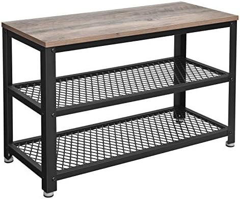 VASAGLE 3-Tier Shoe Rack, Storage Bench with Metal Mesh Shelves and Seat