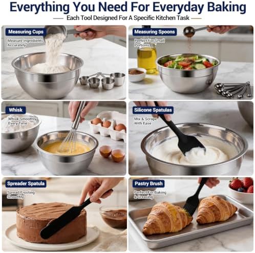WEPSEN Mixing Bowls Set, 25PCS Stainless Steel Mixing Bowl with Lid Set, Large Nesting Bowls 7, 4.5, 3,2, 1.5QT, Measuring Cups and Spoons Baking Utensils Metal Bowl for Kitchen Prep