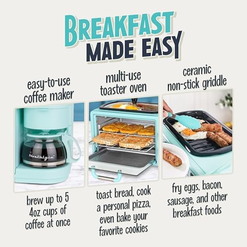 Nostalgia 3-in-1 Retro Breakfast Station - Includes 5 (4 Oz) Cup Coffee Maker, Non-Stick Ceramic Griddle, and 4-Slice Toaster Oven - Built-In Timer, Reusable Coffee Filter, Space-Saving Design - Aqua