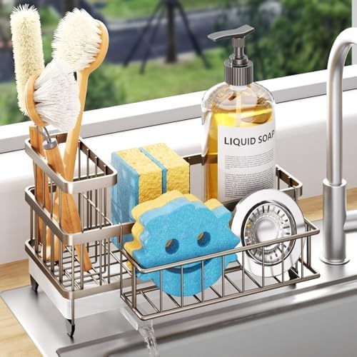Consumest Sponge Holder for Kitchen Sink - Auto Draining Sink Caddy Organizer with Detachable Rack, High Brush Holder, Kitchen Countertop Storage Accessories, Sand Nickel