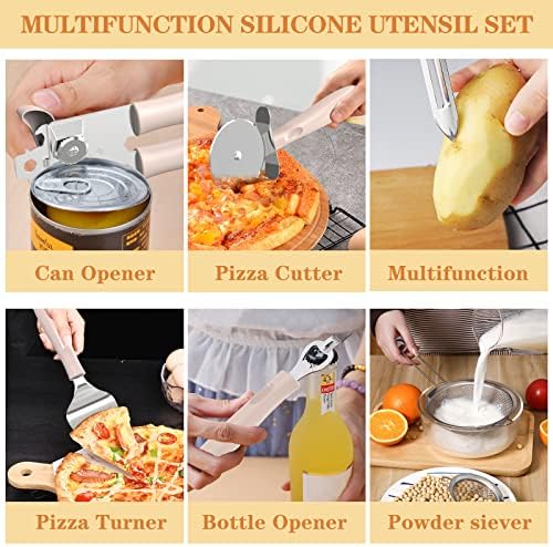 Silicone Cooking Utensil Set, Umite Chef 43 PCS Heat Resistant Kitchen Utensil Gadgets Set-Stainless Steel Handle- Kitchen Spatula Tools for Nonstick Cookware, Pots and Pans Accessories (Khaki)