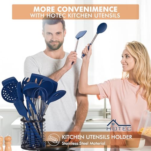 HOTEC Silicone Kitchen Cooking Utensils Set, 14pcs Classic Blue
