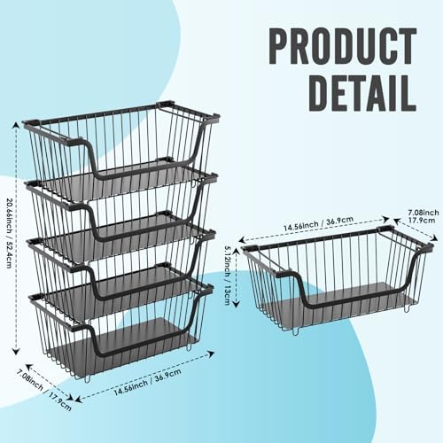 4 Pcs Stackable Wire Baskets Pantry Organizers and Storage Bins,Black