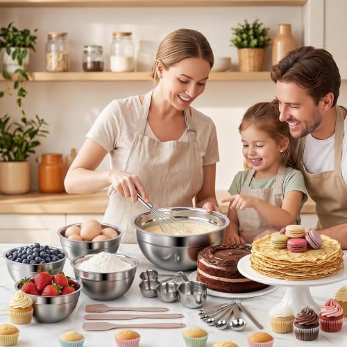 WEPSEN Mixing Bowls Set, 25PCS Khaki Mixing Bowls With Lids Set Stainless Steel Kitchen Large Nesting Metal Bowl 7QT to 1.5QT, Measuring Cups and Spoons for Prepping Cooking Serving