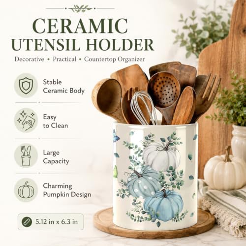 Fall Blue Kitchen Utensil Holder, Pumpkin Large Ceramic Utensil Holder For Kitchen Organizer, Autumn Farm 6.3'' Cooking Utensil Crocks Rustic Decor Utensil Storage Cup for Countertop