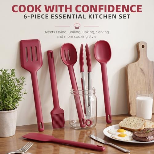 Kitchen Utensils Set 6 PCS,Silicone Cooking Utensils Set Spatula Set,446℉ Heat Resistant Cooking Utensils,Tongs,Spoon,BPA Free Kitchen Gadgets Appliances for Non-Stick Cookware,Home Essential(Red-6P)