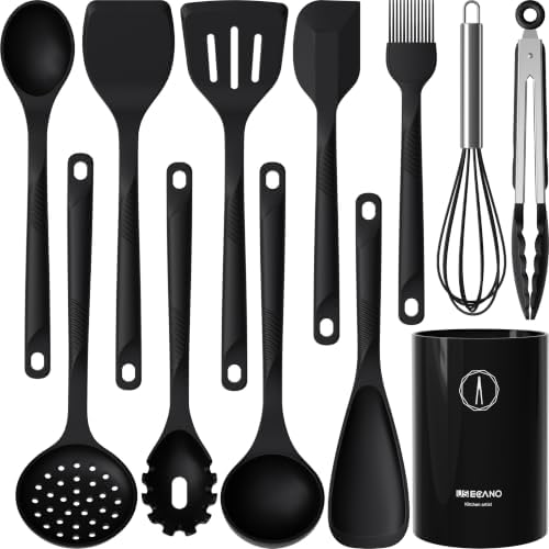 Silicone Cooking Utensils Set - 600°F Heat Resistant, Nonstick Kitchen Utensil Set with Spatulas, Spoons, Whisk, Tongs, BPA Free, Dishwasher Safe, Black