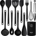 Silicone Cooking Utensils Set - 600°F Heat Resistant, Nonstick Kitchen Utensil Set with Spatulas, Spoons, Whisk, Tongs, BPA Free, Dishwasher Safe, Black