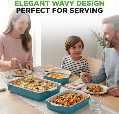 NutriChef 3-pc Casserole Dish Set for Oven, Ceramic Lasagna Baking Dishes, Deep Serving Dish with Handles - Aqua, (14.7"/ 10.8"/ 7.9")