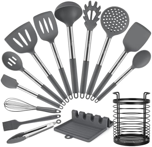HOTEC Silicone Kitchen Cooking Utensils Set,14pcs Grey