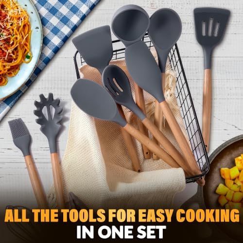 12 Pcs Gray Kitchen Utensils Set with Holder for Nonstick Cookware