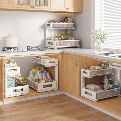 2-Pack Under Sink Storage Organizer, Large 2-Tier Elegant Mesh Pull Out Shelf for Kitchen and Bathroom Cabinet Organization, L-Shaped and Adjustable Height Design for Maximum Space Efficiency-White