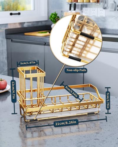 Consumest Sink Caddy, Kitchen Sponge Holder with Dish Brush Holder, Kitchen Sink Organizer with Drip Tray for Countertop, Stainless Steel Rustproof - Gold