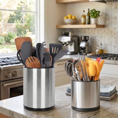 Nigelia Set of 2, Extra Large Kitchen Utensil Holder, 360° Rotating Stainless Steel Cooking Utensil Holder for Countertop, 3 Compartment Flatware Organizer (Silvery)