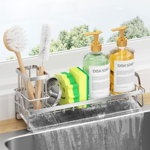 Consumest Sponge Holder for Kitchen Sink - Sink Caddy with Stainless Steel Self Drain Tray, Sink Organizer with High Brush Holder Countertop for Kitchen Sink Accessories, Silver-Extra Large