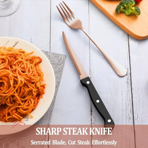 24 Pcs Rose Gold Silverware Set with Steak Knives, Stainless Steel Flatware Cutlery Set for 4, Kitchen Tableware Sets, Utensil Sets for Home and Restaurant, Dishwasher Safe