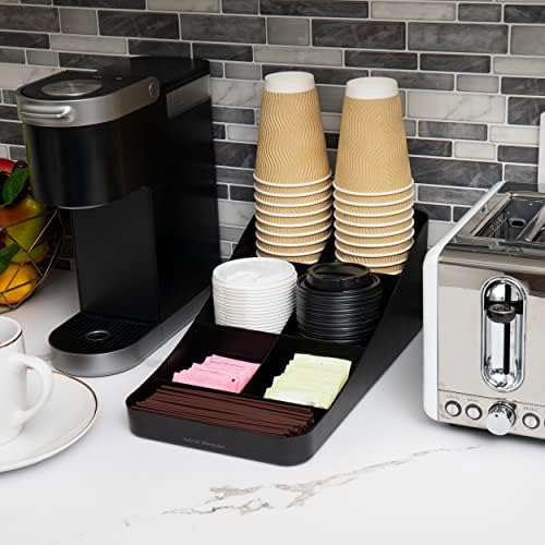 Mind Reader Cup and Condiment Station, Countertop Organizer, Coffee Bar, Kitchen, Stirrers, 7.25"L x 15.5"W x 5.25"H, Black