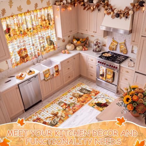 13 Pcs Fall Cat Kitchen Decor Set, Pumpkin Kitchen Towel Non Slip Rugs Set