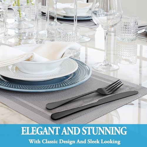 48 Pcs Black Silverware Set with Steak Knives, Stainless Steel Flatware Cutlery Set for 8, Kitchen Tableware Sets, Utensil Sets for Home and Restaurant, Dishwasher Safe