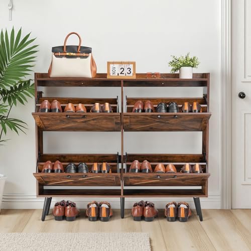 VEVOR Shoe Cabinet with 4 Flip Drawers, Farmhouse Shoes Storage Cabinet with Wood Legs and Anti-Tipping Device, Freestanding Shoe Organizer Ideal for Entryway, Hallway, Bedroom, Living Room, Brown