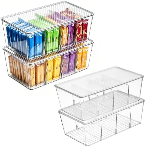 Vtopmart 4 Pack Pantry Organizer Bins with Lids, Removable Dividers