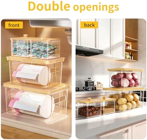 FELIZHOUSE 4 Pack Trash Bag Holder with Bamboo Lid, Stackable Garbage Bag Dispenser Under Sink, Storage Organizer for Kitchen, Laundry, Pantry (S+S+M+L)