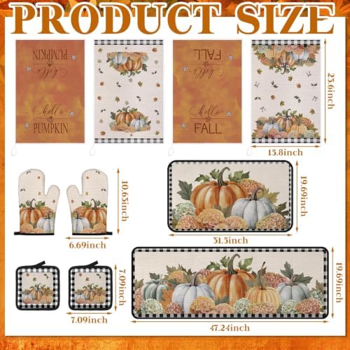 Fanfanwin 10 Pcs Fall Pumpkin Kitchen Decor Set Kitchen Towels Pot Holders Oven Mitts and Rugs Set Thanksgiving Towels for Baking Cooking BBQ Autumn Home(Vintage,Beige, Orange,10)