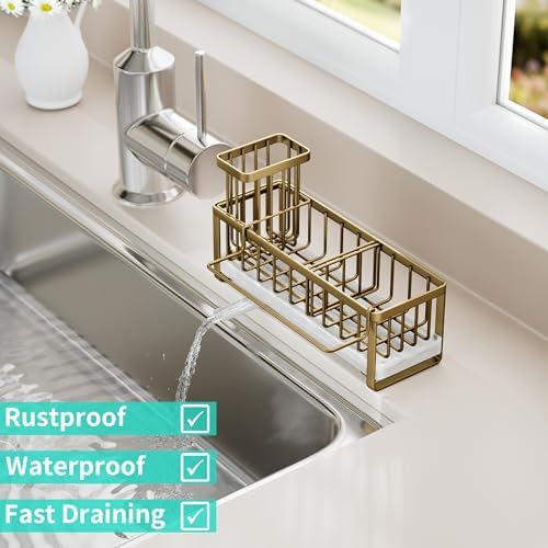 HapiRm Sponge Holder for Kitchen Sink - Self-draining Sink Caddy with Brush and Dishcloth Holders, Stainless Steel Kitchen Countertop Organizers and Storage Essentials - Dark Gold