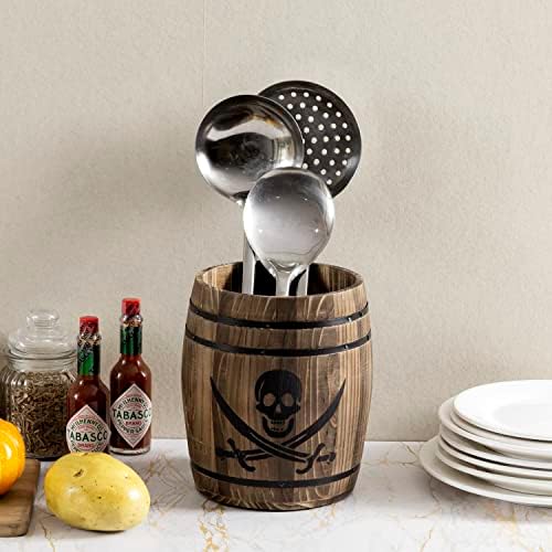 MyGift Pirate Rum Cask Utensil Crock, Rustic Burnt Wood Kitchen Holder