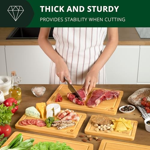 ROYAL CRAFT WOOD Wooden Cutting Boards for Kitchen Meal Prep & Serving - Bamboo Wood Serving Board Set with Deep Juice Groove Side Handles - Charcuterie & Chopping Butcher Block for Meat