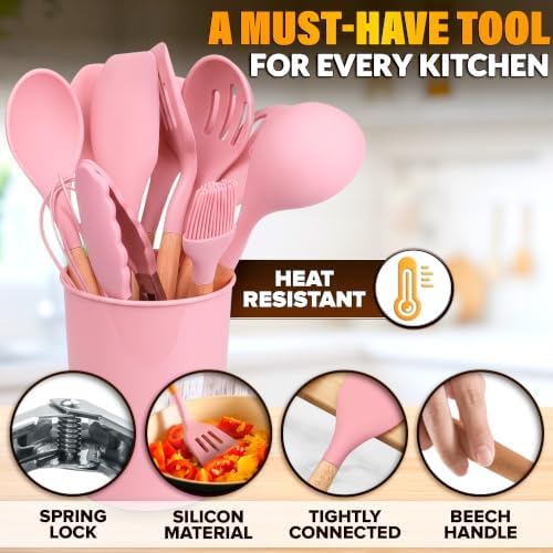 12 Pcs Pink Cooking Utensils Set with Holder for Nonstick Cookware